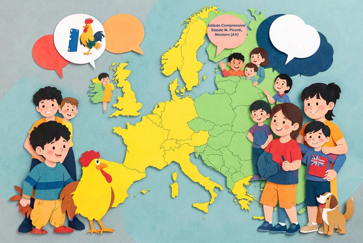 Ragazzi e ragazze esplorano le lingue intorno alla mappa d'Europa; nel fumetto rosa: Istituto Comprensivo Statale M. Pironti, Montoro (AV)
